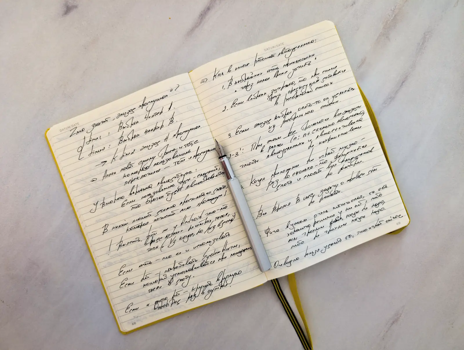 Aufgeschlagenes Notizbuch mit handschriftlichen Notizen und einem Füller.